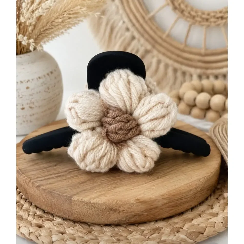Black Velvet Knit Flower Hair Claw Clip New